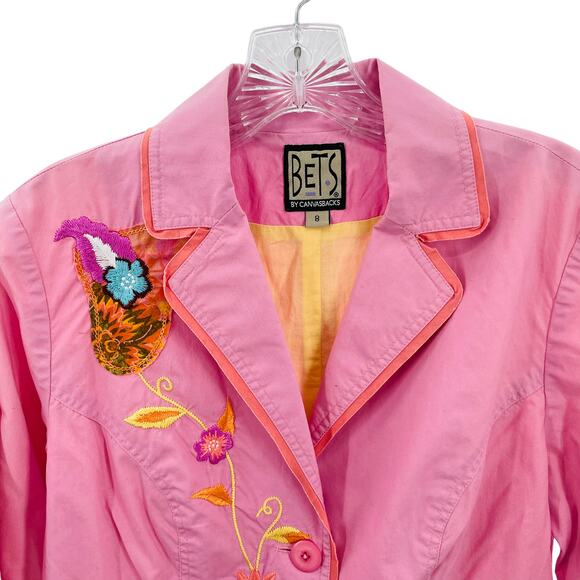 BETS by Canvasbacks Pink Floral Embroidered Cotton Lightweight Blazer Women Sz 8 - Picture 7 of 11